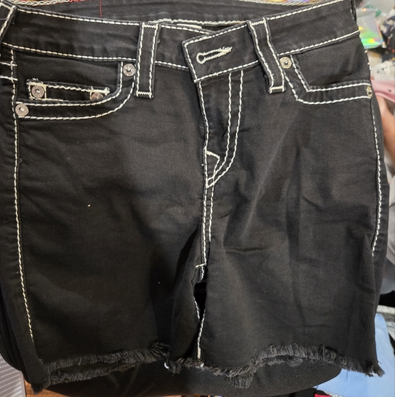 True Religion Black Jean Bermuda Shorts with White Stitching - Picture 1 of 3